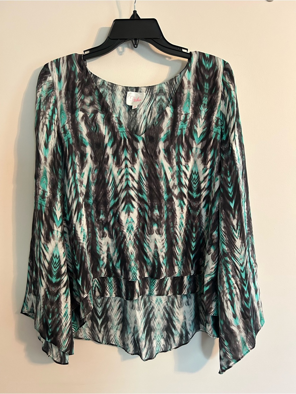 Parker Teal, Black and White Abstract V-Neck Blouse